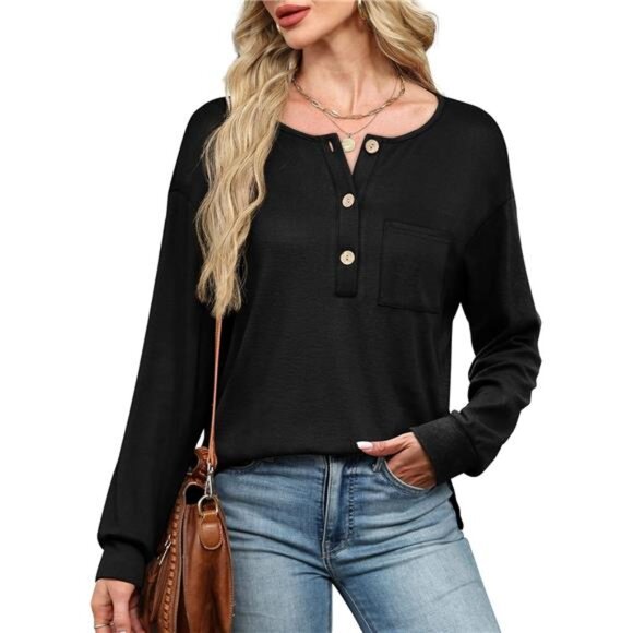 Versatile V-Neck Henley Tunic – Curved Hem Long Sleeve Top with Pocket - Picture 3 of 6